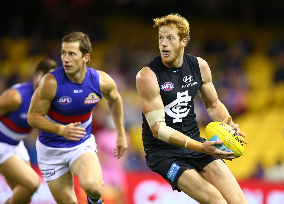 AFL 2016 Rd 04 - Carlton v Western Bulldogs MELBOURNE, AUSTRALIA - APRIL 16: Andrew Phillips of the Blues runs with the ball during the 2016 AFL Round 04 match between the Carlton Blues and the Western Bulldogs at Etihad Stadium, Melbourne on April 16, 2016. (Photo by Scott Barbour/AFL Media)